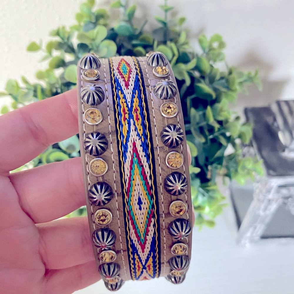 Genuine leather native style tan cream rhinestone colorful bracelet with snaps